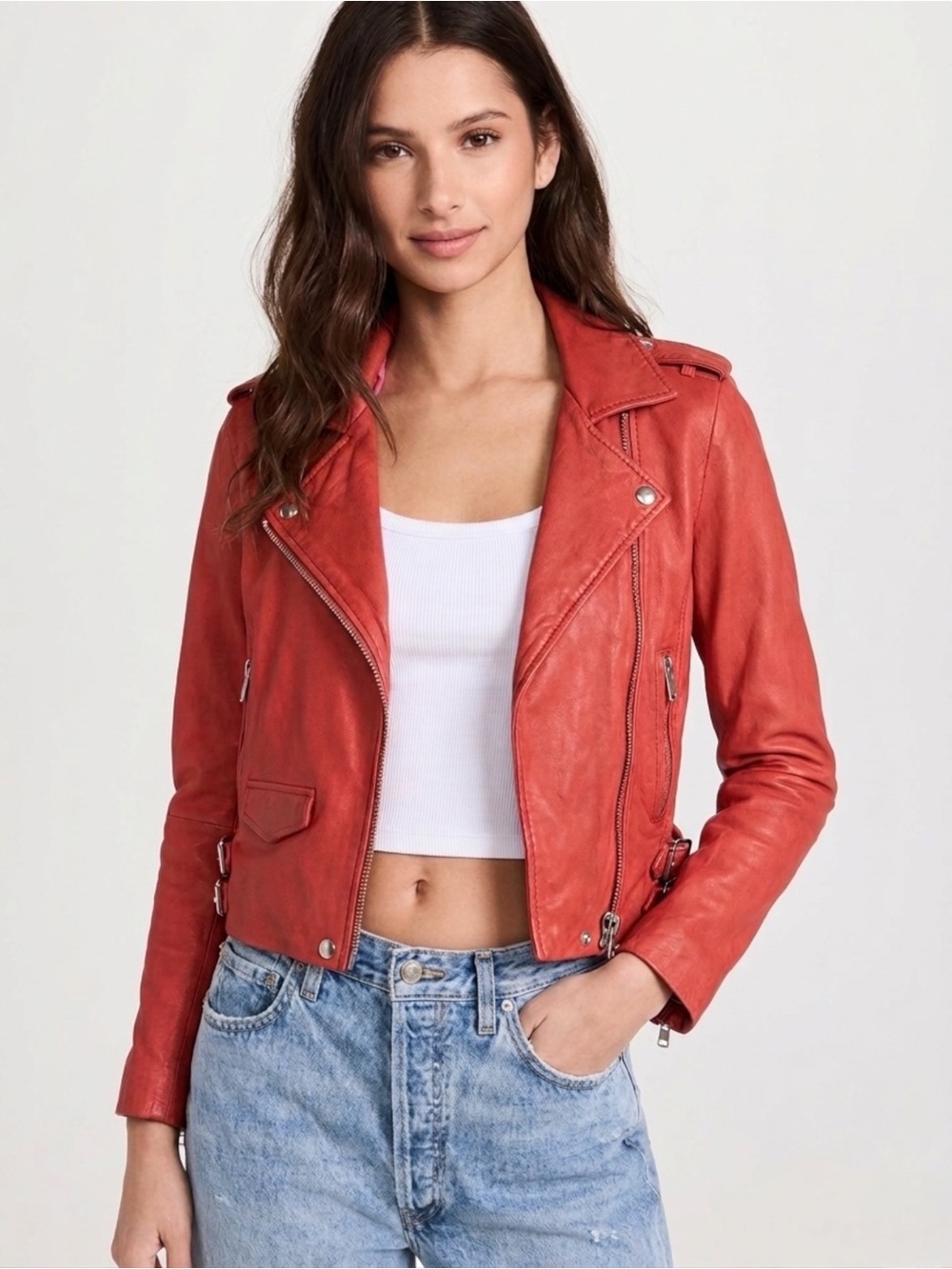 Iro Salinas Lamb Leather Moto Biker Jacket Sz 2 Coral Red As Seen on Hilary Duff